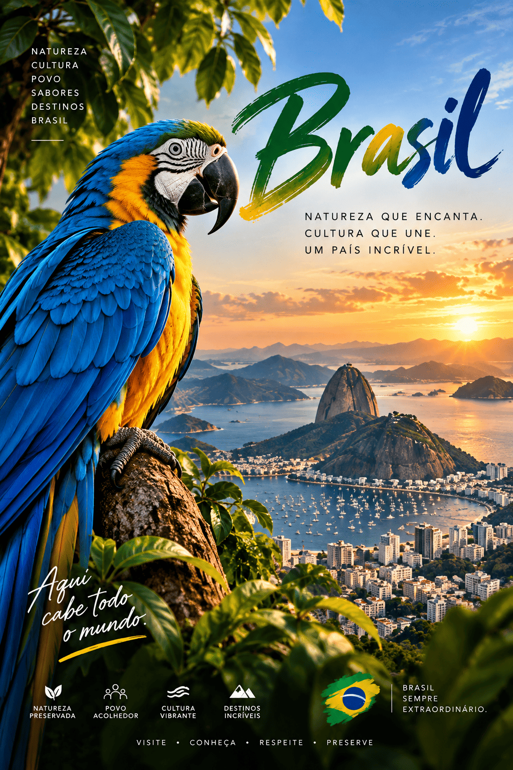 Blue and yellow macaw with a Brazilian landscape